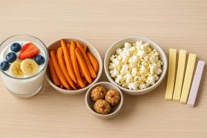 5種兒童健康零食:水果優格杯、地瓜條、堅果能量球、手工爆米花、起司棒或優格凍乾